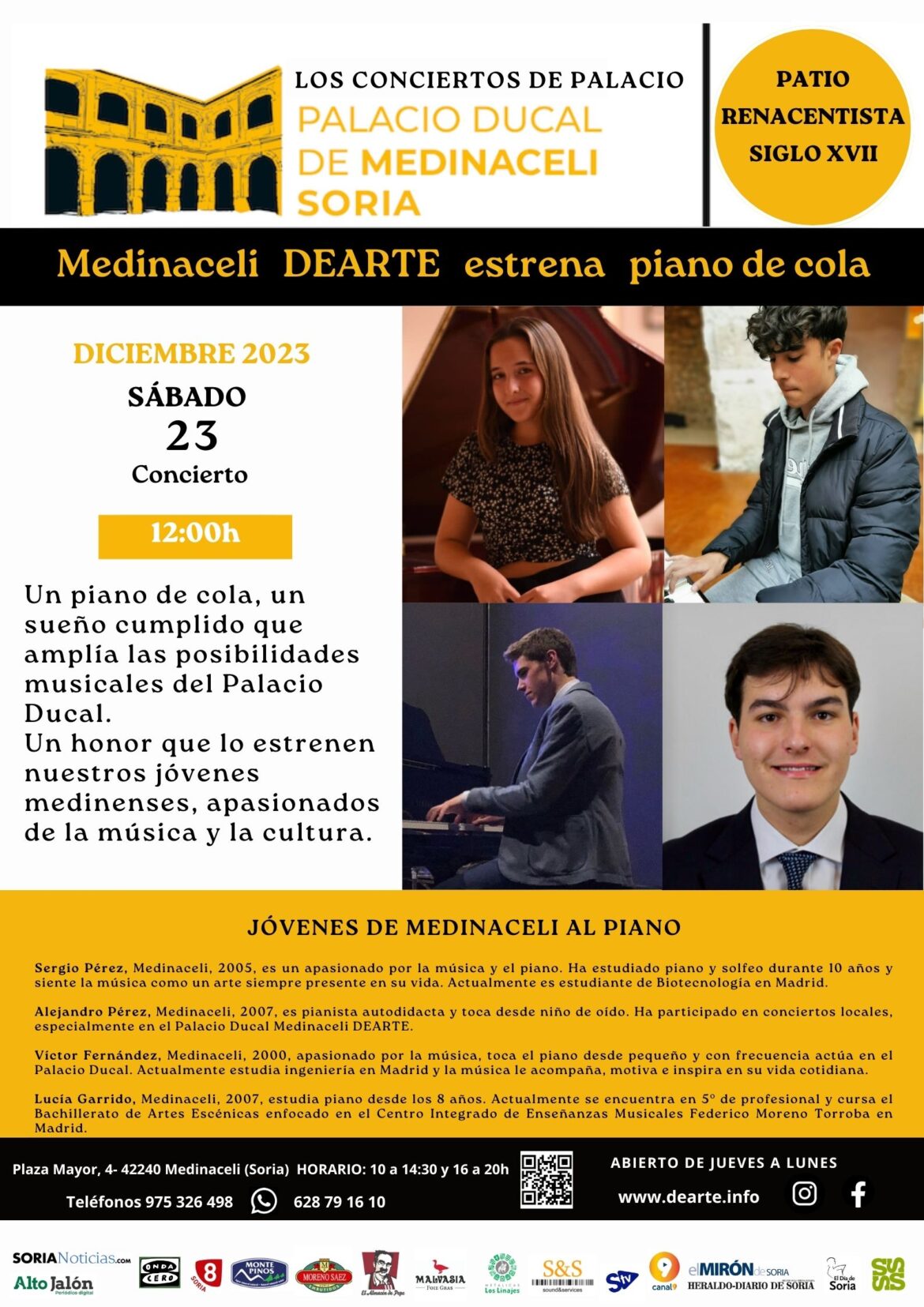 Los Conciertos de Palacio. JOVENES DE MEDINACELI AL PIANO. Estrenamos piano de cola de manos de jóvenes intérpretes locales.