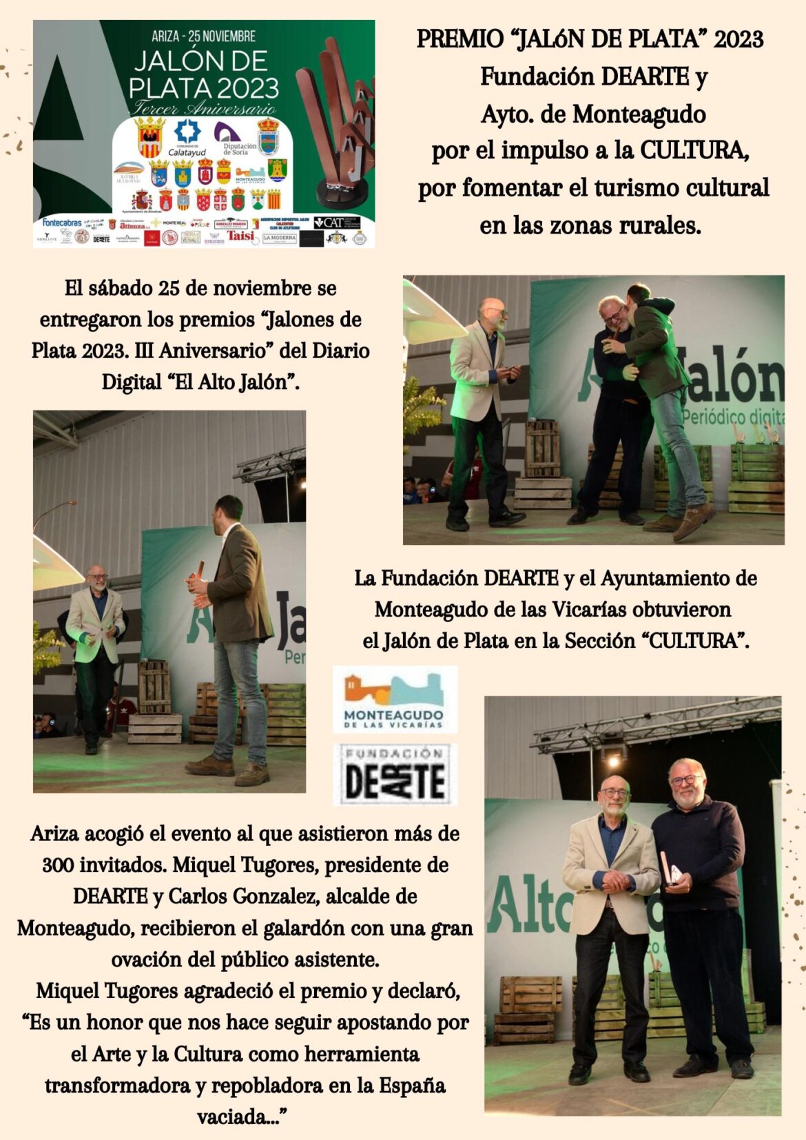 Premio «JALÓN DE PLATA 2023» a Fundación DEARTE Y Ayto de Monteagudo de las Vicarías.